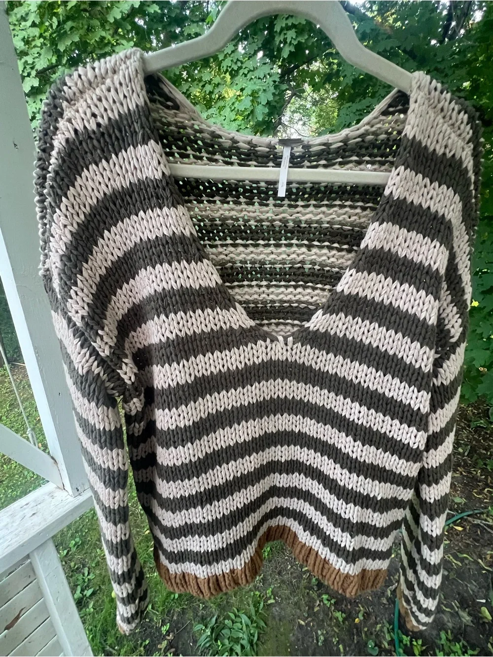 Free People Striped V-Neck Sweater in Cream and Brown